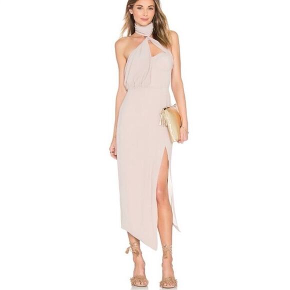 MISHA Collection Dress Trivata Midi Asymmetrical Draped Side Slit Mousse Brown 4 - Picture 1 of 13